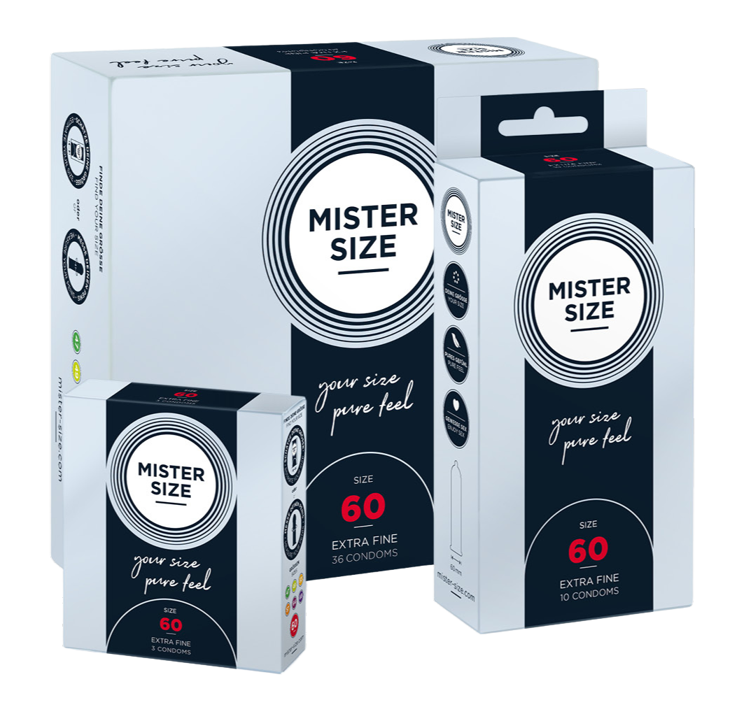 Tre olika Mister Size-kondomförpackningar i storlek 60
